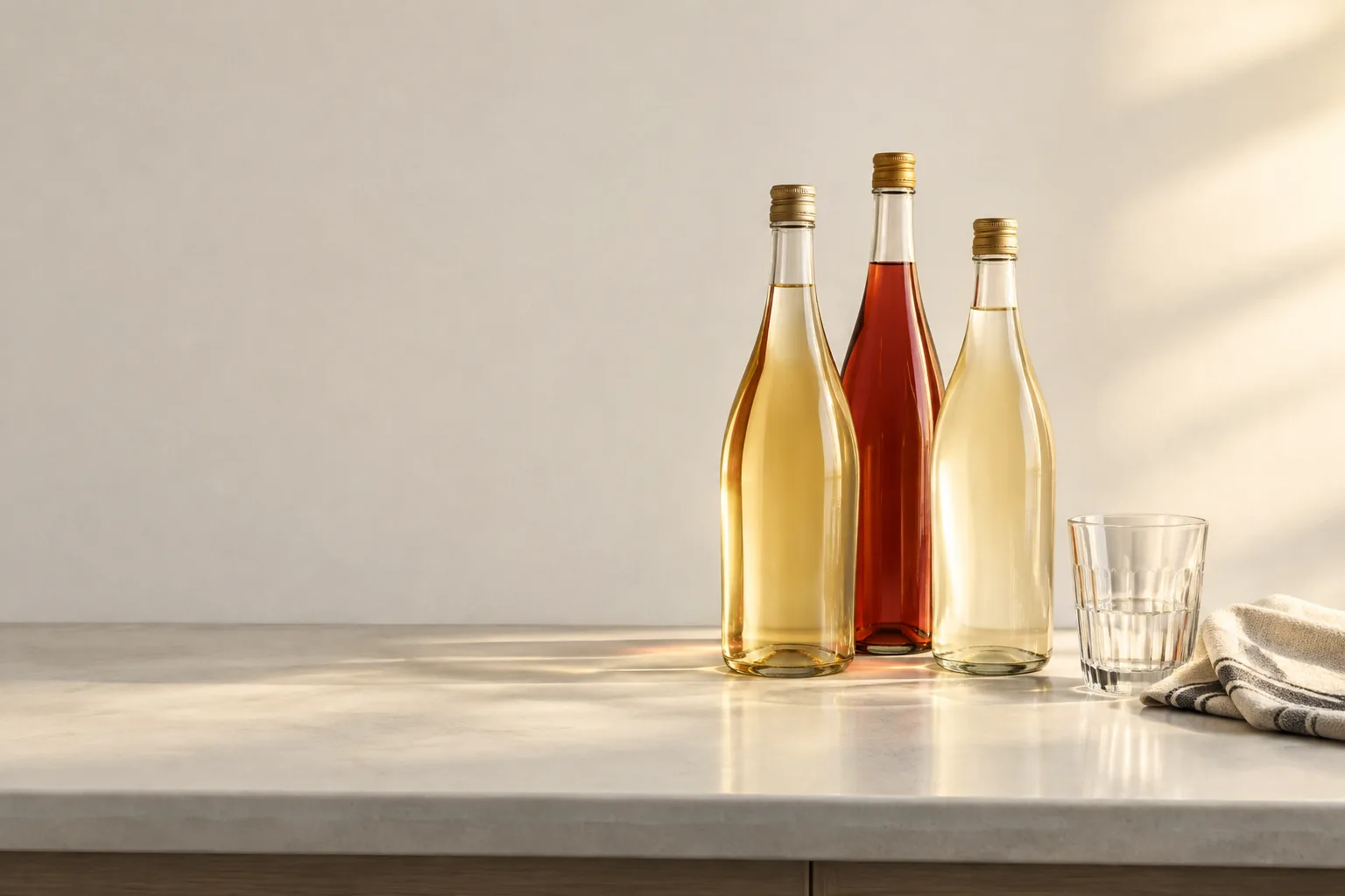 Unbranded spirits and wine bottles on a limestone counter